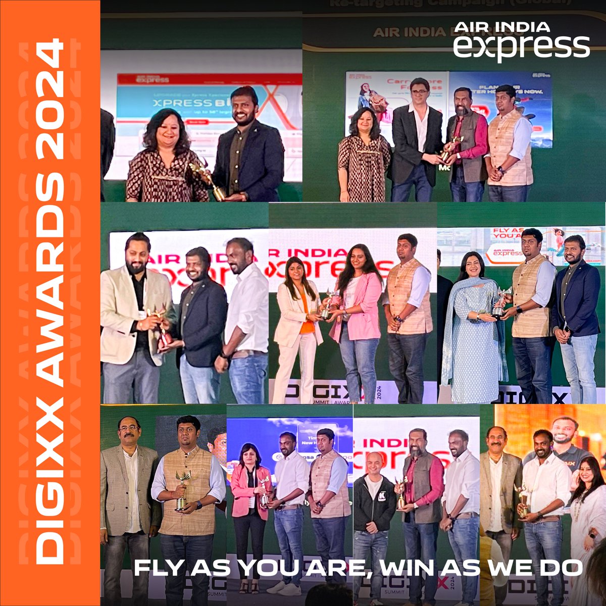 AirIndiaX's tweet photo. We're super stoked with our record-breaking streak at the @adgully #DIGIXXAwards2024, with a whopping 10 awards across categories:

1. ⁠Gold - CRM & Loyalty Program of the Year (across categories)
2. ⁠Gold - User Experience & Design (across categories)
3. ⁠Gold - Retargeting Campaign (across categories) for “Carry More for Less”
4. ⁠Gold - Programmatic & Performance Marketing (Travel) with @BigTrunkComm for “One Sky, One Home”
5. ⁠Silver - Multi-channel Marketing (across categories) for “Fly As You Are”
6. ⁠Silver - Email Marketing (across categories)
7. ⁠Silver - Search & Display Marketing (Travel)
8. ⁠Bronze - Technology-led Marketing (across categories)
9. Young Gun of the Year - Sriesh CR
10. ⁠Marketeer of the Year - Ranjith M

And a big congratulations to @titanwatches, @Mia_by_Tanishq, @TataMotors, @tatacapital, @makemytrip & the other winners for their big wins tonight! Kudos all around!