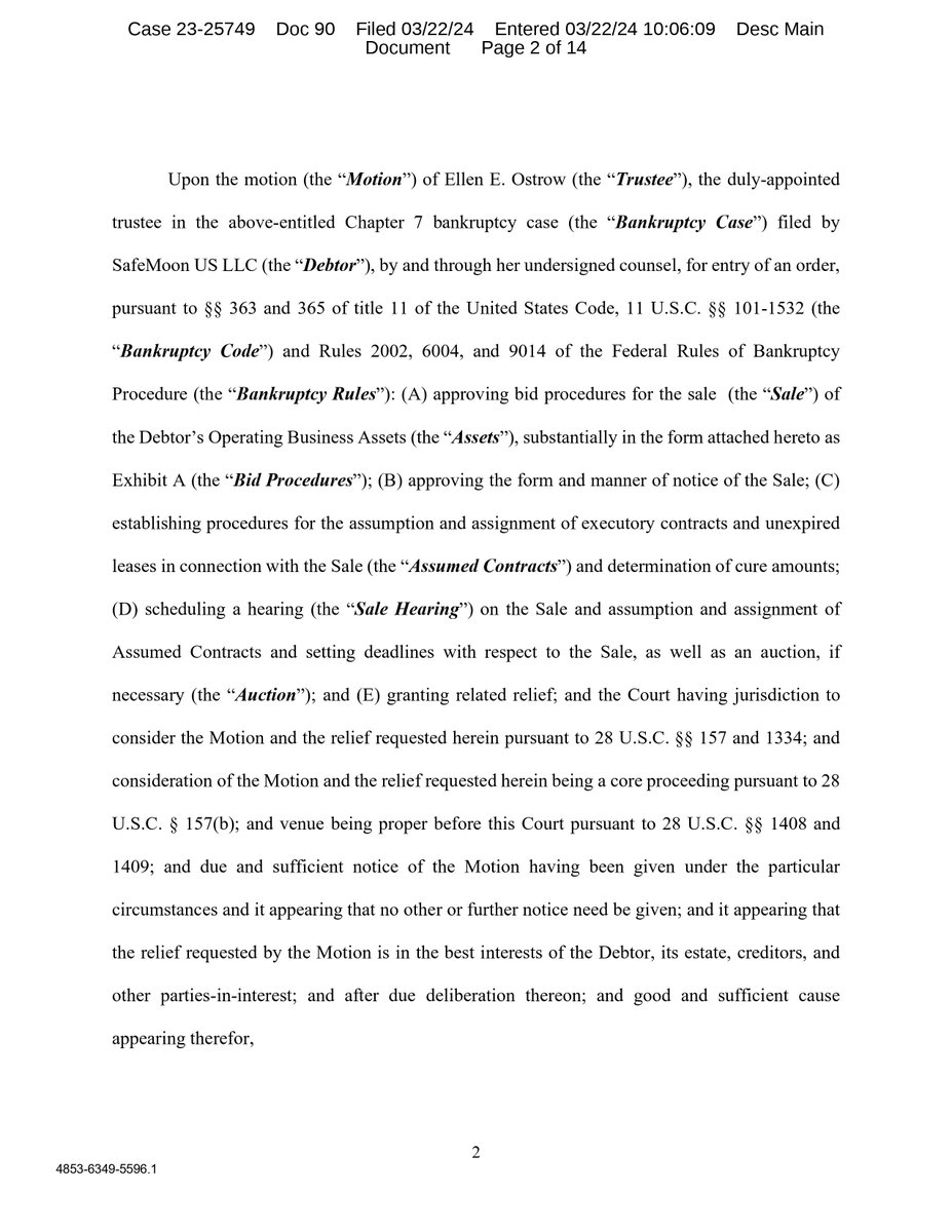 safemoon's tweet photo. (1/2) The Court approved the attached Bid Procedures for SafeMoon’s operating assets. Qualified Bids are due by April 4, 2024 at 5:00 p.m. (MT). An auction will be held on April 8, 2024 at 10:00 a.m. (MT). https://t.co/zLm5NT2CSt