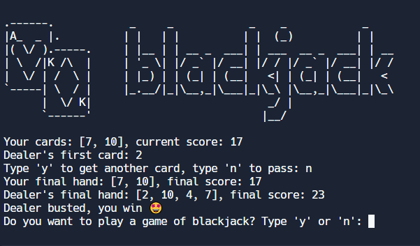 faratim's tweet photo. Day 11 of #100DaysofCode #Python

A blackjack game using the Python CLI.

https://t.co/LAoBF0s15C https://t.co/nKtMXRQ6Jp