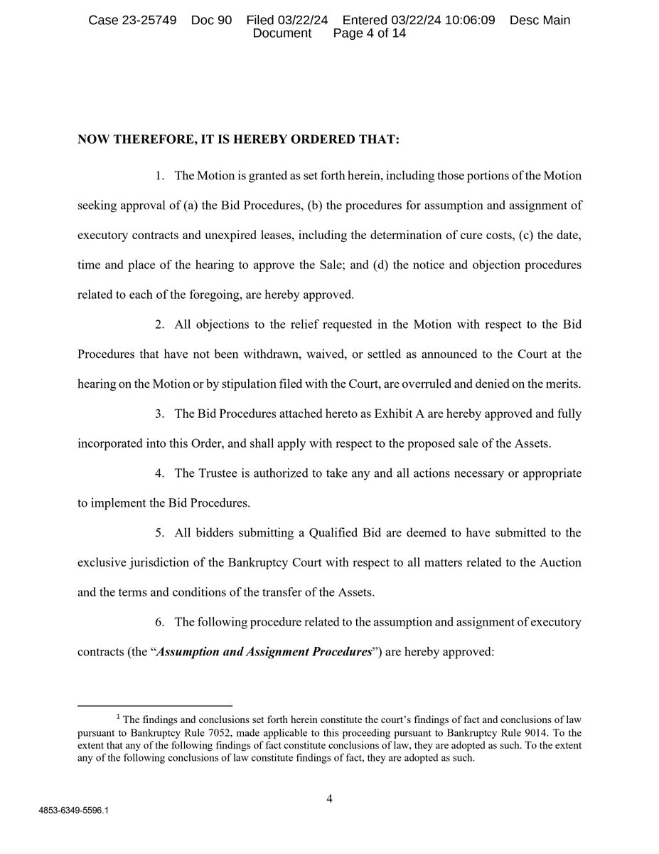 (1/2) The Court approved the attached Bid Procedures for SafeMoon’s operating assets. Qualified Bids are due by April 4, 2024 at 5:00 p.m. (MT). An auction will be held on April 8, 2024 at 10:00 a.m. (MT).