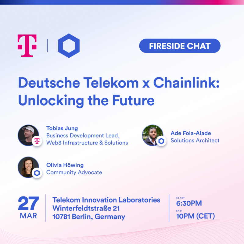 chainlink's tweet photo. Looking to explore the intersection of telecom and blockchain tech?

Join us for a fireside chat in Berlin on March 27 with Deutsche Telekom (@mms_Blockchain) and #Chainlink to get industry insights on the synergies between the two sectors.

RSVP ⬇️