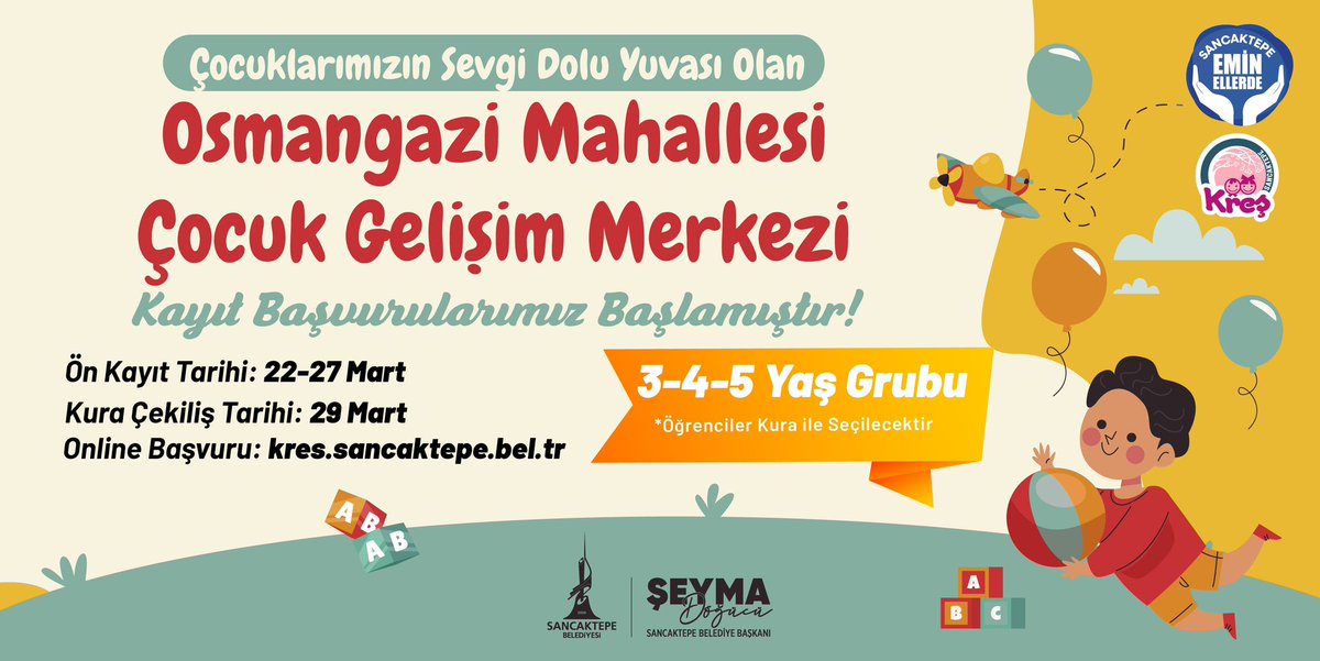 SancaktepeBeltr's tweet photo. Çocuk Gelişim Merkezlerimizde ön kayıt başvuruları başladı. 👧👦 

Çocuklarımızın gelişimine katkı sunacak sevgi dolu yuvalarımıza https://t.co/tmPBHYJbU0 adresinden başvuru yapabilirsiniz.

Detaylı bilgi görselde. 👇 https://t.co/NSvKllvQ2Z