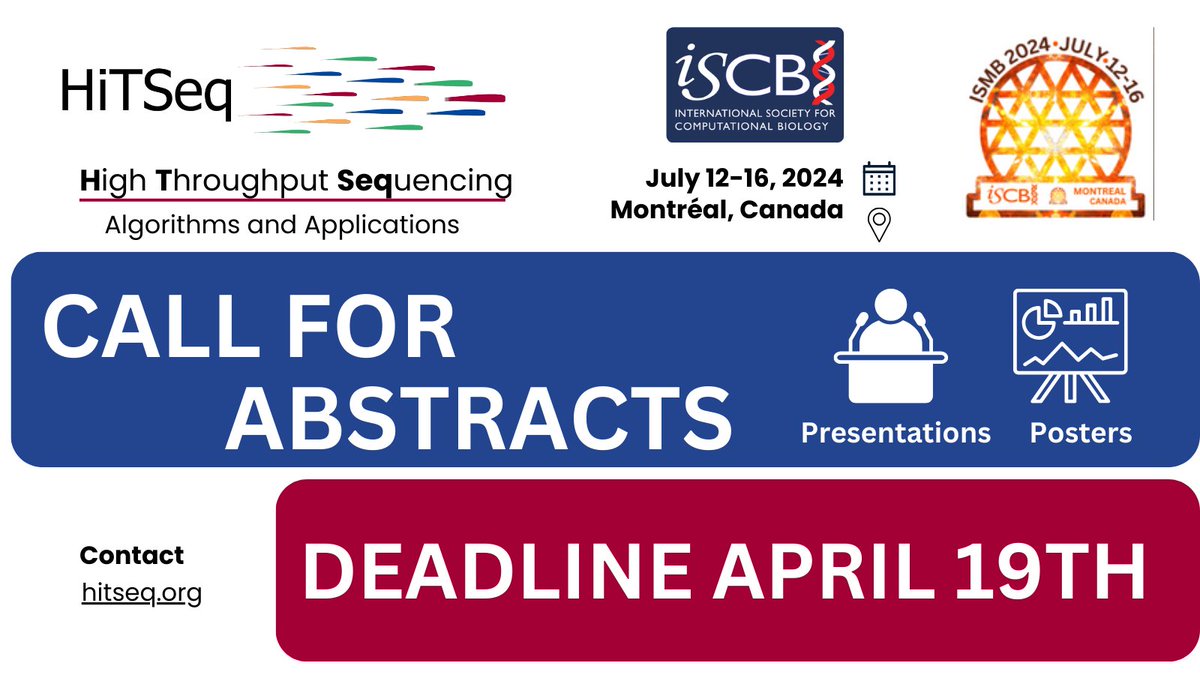 Announcement 🚨 Don't forget to send your abstract to the biggest bioinformatics conference of the year, #ISMB2024! Submit your #HitSeq work until April 19th here -> iscb.org/ismb2024/submi… #presentation #poster #networking #bioinformatics #ISCB #sequencing #algorithms