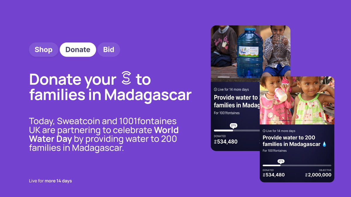 This #WorldWaterDay join #Sweatcoin and @1001Fontaines by giving the gift of your steps and sweatcoins to 200 vulnerable families in Tamatave, Madagascar who are in need of safe drinking water 👨‍👩‍👧‍👦🚰 1001 THANK YOU 💙 Link to donate: fgjq.adj.st/offers/crowdfu…