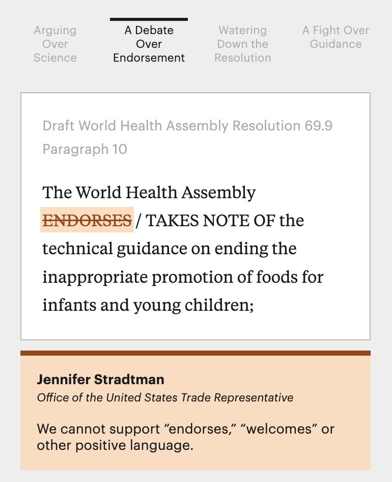 When U.S. agencies reviewed World Health Assembly guidance on regulating toddler formula, a U.S. trade official wrote 'we cannot support... positive language,' and struck out the word 'endorses.' The trade agency is heavily lobbied by the formula industry. projects.propublica.org/toddler-formul…