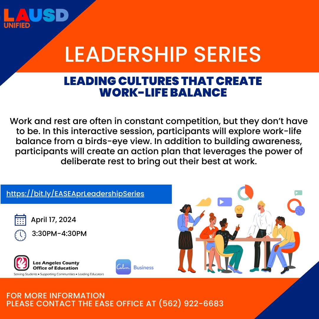 We invite you to participate in the 2024 Calm Leadership Workshop Series Leading Cultures That Create Work-Life Balance April 17, 2024 3:30PM-4:30PM bit.ly/EASEAprLeaders…