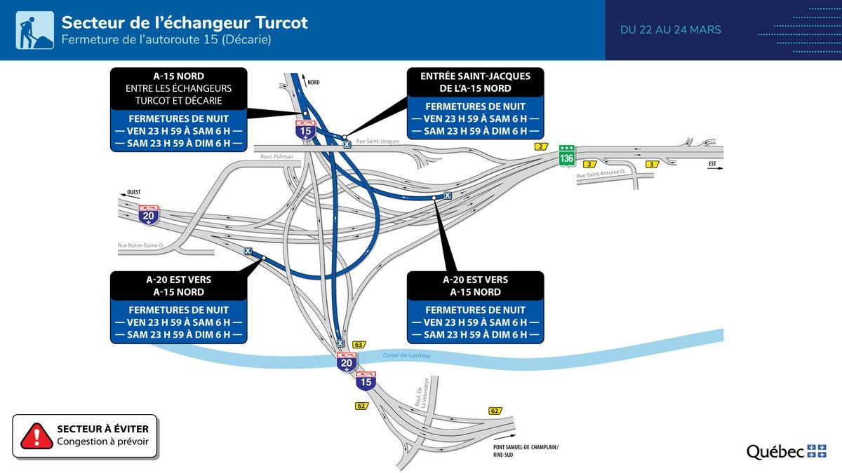 🚗 Over the weekend of March 22 to 25, 2024, the Ministère des Transports et de la Mobilité durable announces: ⚠️ Night closure of A-15 north between Turcot and Décarie interchanges. ⚠️ Night closure of southbound Décarie Boulevard between Côte-de-Liesse East (at the…