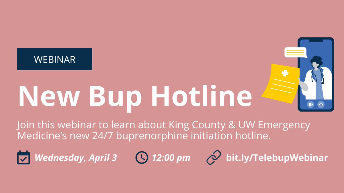 Buprenorphine is one of the best available treatments for opioid use disorder and significantly reduces overdose risk. Join us on April 3 for a webinar for providers with @UWashEM to learn how our new 24/7 bup initiation hotline works. Register: bit.ly/TelebupWebinar