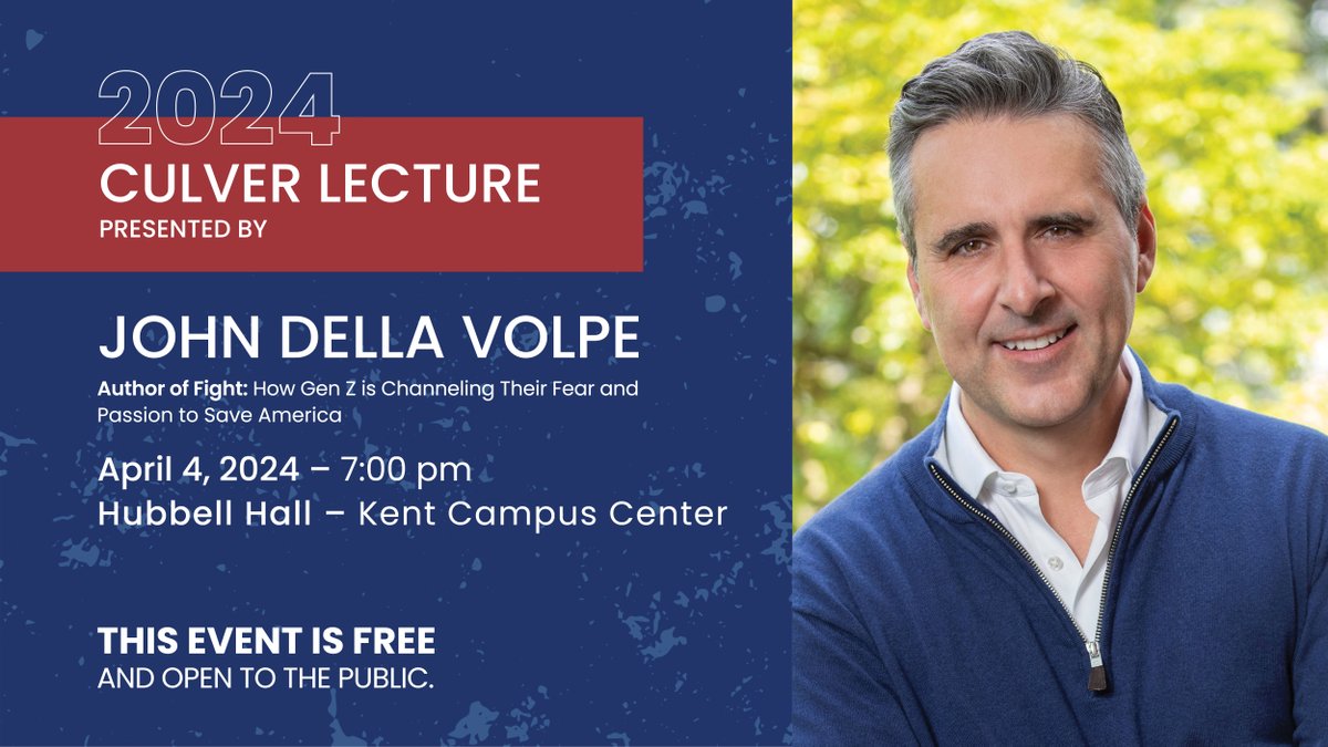 SCCulverCenter's tweet photo. Please join us for the annual 2024 Culver Lecture by John Della Volpe on April 4th at 7 PM in Hubbell Hall. Della Volpe is the author of Fight: How Gen Z is Channeling Their Fear &amp; Passion to Save America. This event is free and open to the public. We hope to see you there! https://t.co/zMDLssV3ZX
