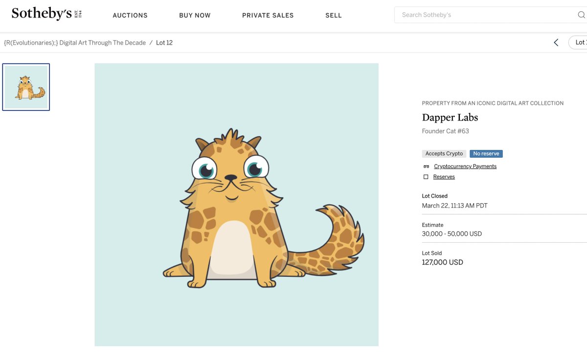 Winning bid is $127,000 for <a href="/CryptoKitties/">CryptoKitties</a> #63 on <a href="/Sothebys/">Sotheby's</a> 

Congrats to the buyer you have a piece of internet history #CryptoKitties