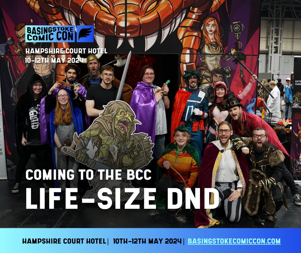@LifeSizeDND comes to Basingstoke Comic Con! ⚔️ Get your weapons and dice ready for an epic adventure as you enter a life-sized tabletop combat encounter blending tabletop combat, LARP, and an escape room! #LifesizeDND #basingstokecomiccon #comicconuk