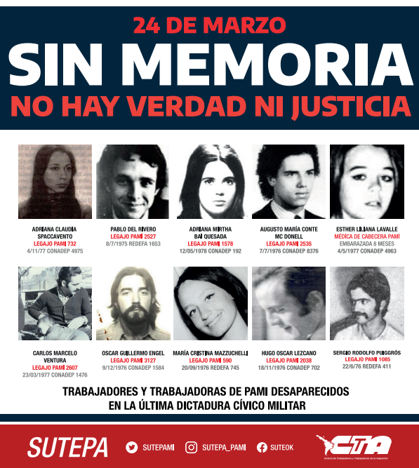 sutepami's tweet photo. Los Trabajadores/as de PAMI detenidos y desaparecidos! Adriana Spaccavento, Pablo Del Rivero, Adriana Bai Quesada, Augusto Conte Mc Donell, Esther Lavalle, Carlos Ventura, Oscar Engel, Cristina Mazzuchelli, Hugo Lezcano,  Sergio Puiggrós
PRESENTES, AHORA Y SIEMPRE! #NuncaMas #24M https://t.co/jr5vYsrnXW