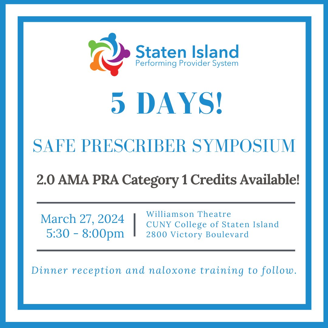 🚨 5 days left! 🚨 Join us in the fight against the opioid epidemic on March 27th to take the Safe Prescriber Pledge. 2 CMEs available! Learn more and RSVP here: bit.ly/SafePrescriber…
