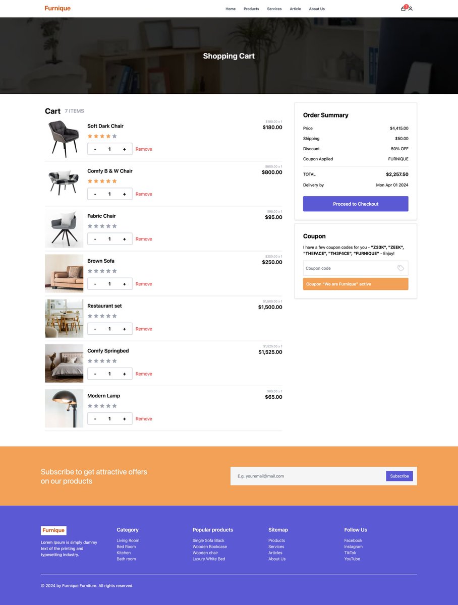 𝗛𝗘𝗥𝗘 𝗪𝗘 𝗚𝗢 - A Fully functional furniture e-commerce web app (Users & Admins) Next.js, TypeScript, Tailwind CSS, Prisma & Supabase Payment - Cash on Delivery, Flutterwave, PayStack Coupon codes - 'Z33K', 'ZEEK' or 'FURNIQUE' Kindly explore - furniique.vercel.app 😎