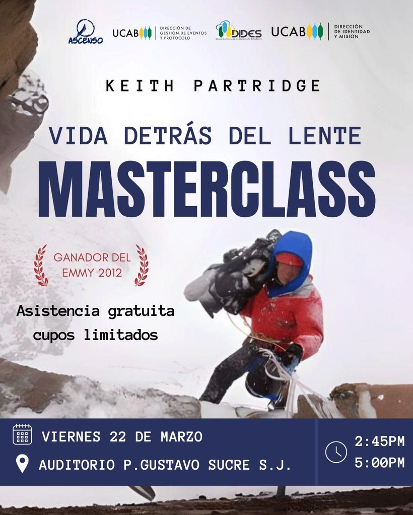 enlaucab's tweet photo. #EnBreve comenzamos la cobertura de la Masterclass"Vida detrás del lente", impartida por Keith Partridge, documentalista inglés, cineasta y director de fotografía y cámara.
📌Organiza: Dirección de Identidad y Misión #UCABMagis.
Sigue👇🏻 https://t.co/w8kxetqUa4