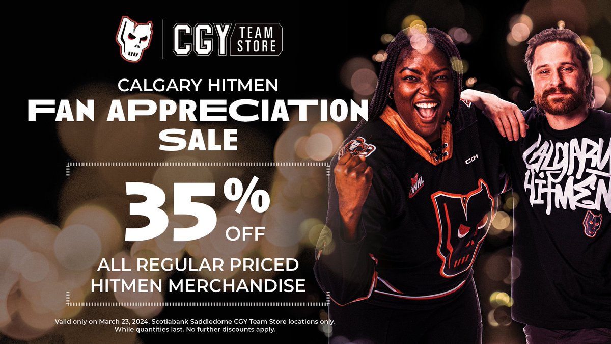 FAN APPRECIATION SALE! 👀 Get 35% of all regular priced merchandise at the game tomorrow! *Only valid tomorrow, March 23 at @CGYTeamStore 'Dome locations! Don't have your tickets yet? Get them here 🎟️chl.ca/whl-hitmen/tic…