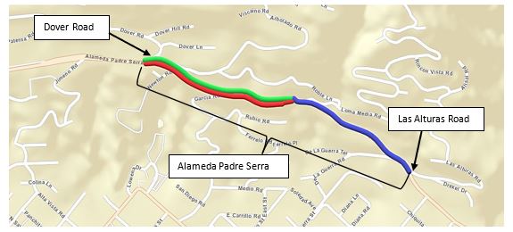 🚧#RoadClosure Notice for Alameda Padre Serra - closed to through traffic March 25th to 28th, 7am to 5pm, hours are subject to change. More info: santabarbaraca.gov/news/section-a…

3/25: 700 &amp; 800 (Blue)
3/26: 900-1200 (Red)
3/27: 900-1200 (Green)
3/28: Between Las Alturas Rd and Dover Rd