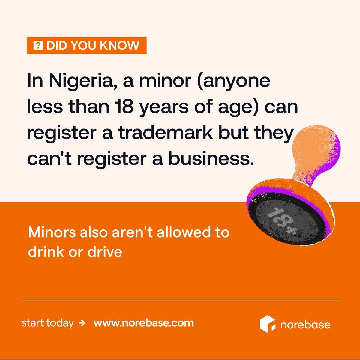 Drinking, Driving and registering a business may have age limits but protecting your intellectual property does not. Trademark that brand today with Norebase. #Norebase #IPProtection #Trademark