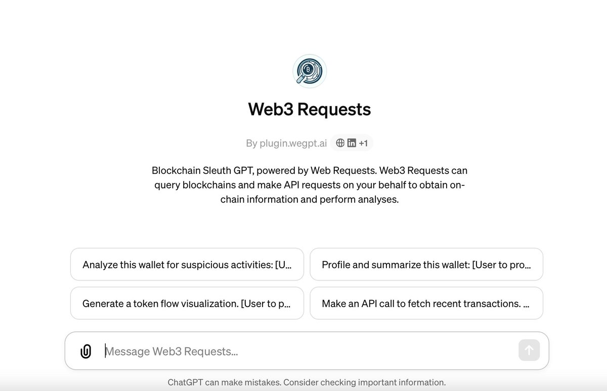 JD_2020's tweet photo. Now Live: Web3 Requests for ChatGPT -- Your AI blockchain sleuth. 

👉 https://t.co/Ym3XoYIfTU

Please note: Blockchain data is publicly available, by the nature of public ledgers. This GPT *does not* reveal private or personally identifiable information. https://t.co/9PpgagcMGH