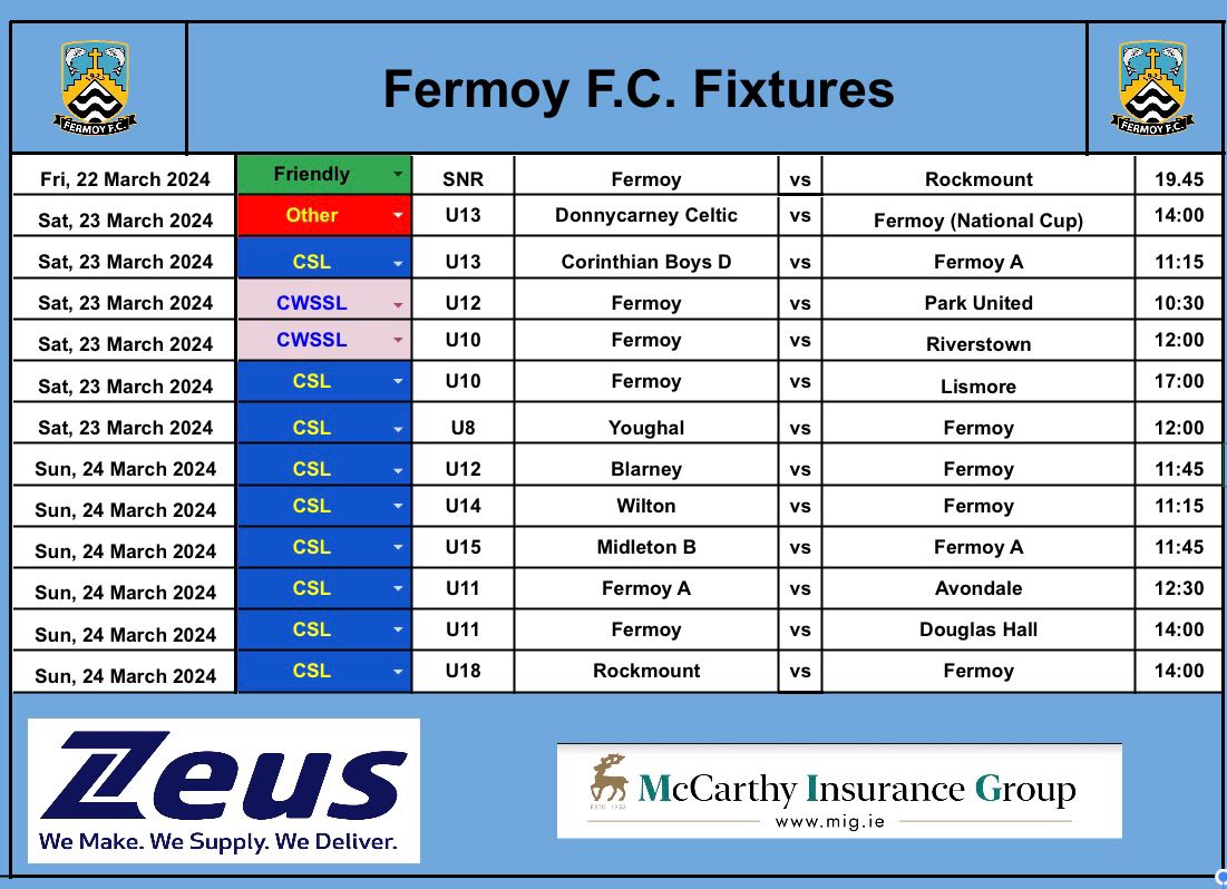 FermoyFC's tweet photo. This weekend at Fermoy FC https://t.co/VhYB4an5fG