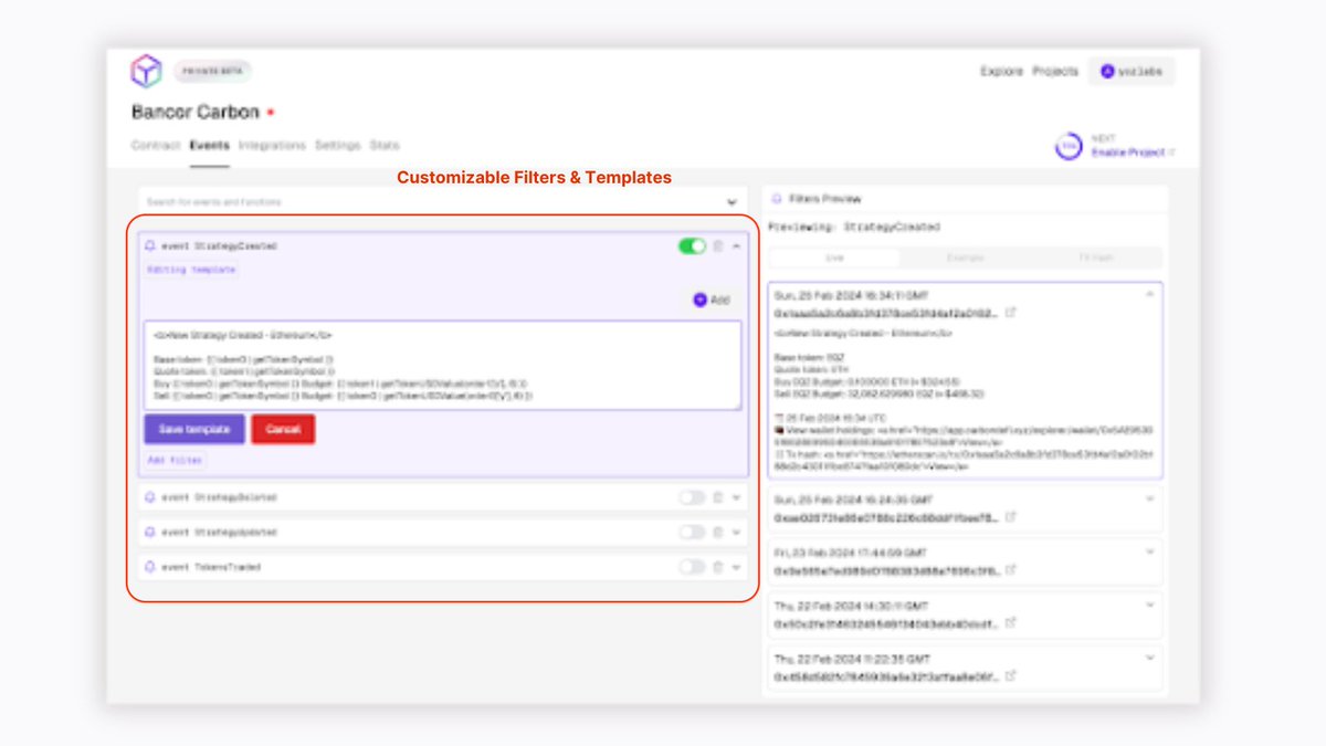yozlabs's tweet photo. Explore the precision of @BancorAlerts with Yoz:

Our custom filters and templates integrate both on-chain and off-chain data, such as USD price quotes, to deliver alerts only at specific thresholds… https://t.co/xE70cNneOq