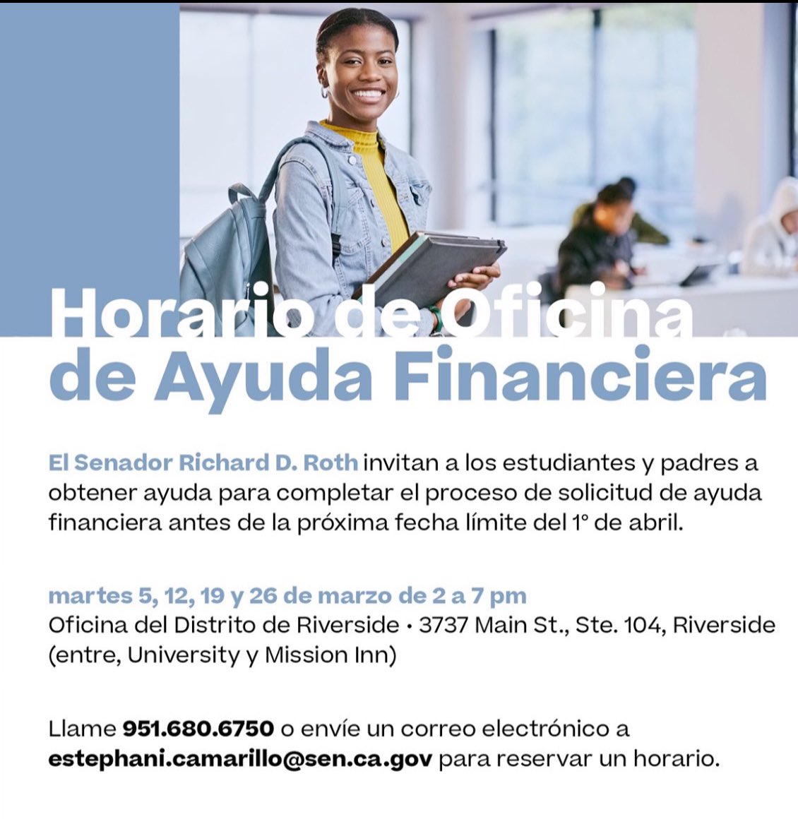 This coming Tuesday, March 26th is my office’s last office hours to help students complete the FAFSA and CADAA applications. Our staff will be available to assist applicants 4:00 pm-7:00 pm, by appointment only on a first come first served basis.