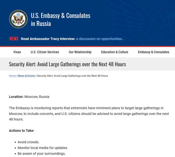 AlertesInfos's tweet photo. 🚨🇷🇺🇺🇸 FLASH - L'ambassade des États-Unis en Russie a conseillé aux ressortissants américains d'éviter les grands rassemblements pendant 48 heures le 7 mars dernier, après avoir reçu des renseignements selon lesquels des "extrémistes" planifiaient un attentat. (via @L_ThinkTank) https://t.co/LfD2UAm7L8