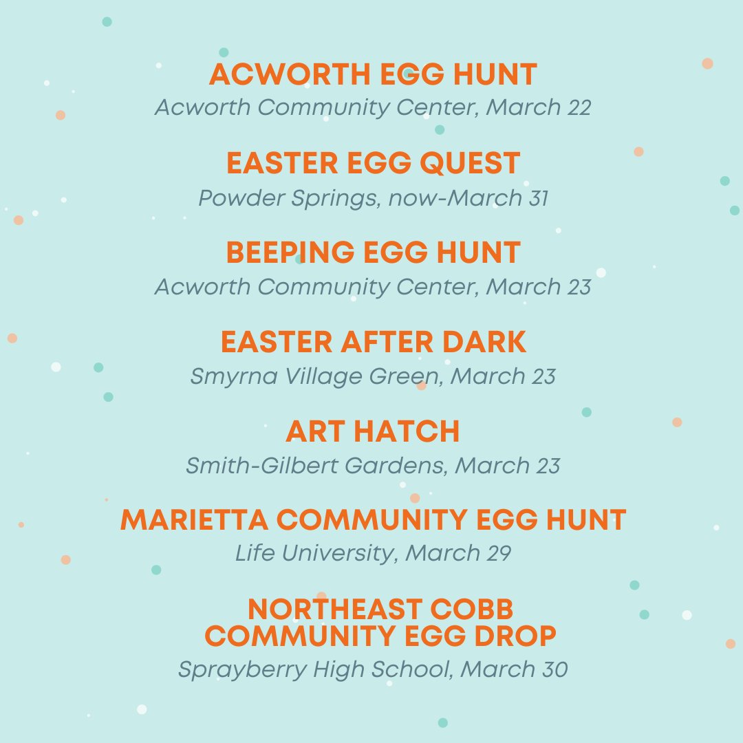 Hop over to an egg hunt in #CobbCounty like: Acworth Egg Hunt-March 22 Easter Egg Quest-Now through March 31 Beeping Egg Hunt-March 23 Easter After Dark-March 23 Art Hatch-March 23 Marietta Community Egg Hunt-March 29 Northeast Cobb Community Egg Drop-March 30 #Easter