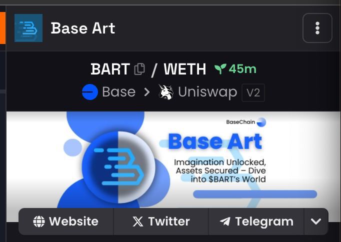 BaseArt_'s tweet photo. 🎉 We're live on DexScreener! $BART is officially listed, making it easier than ever to track our journey on the blockchain.

Dive into real-time data and explore our progress at https://t.co/TGAJq8nhZU

A huge thanks to our community for making this possible! #BART #DexScreener https://t.co/wpEMdGYq3H
