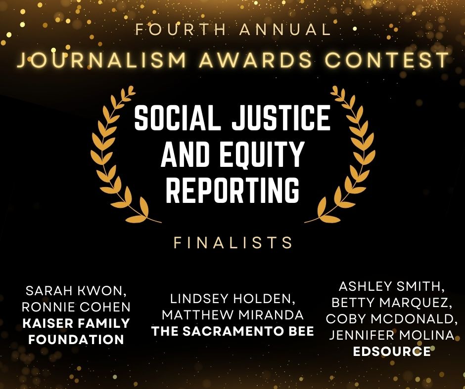 SacPressClub's tweet photo. SPC 2024 Journalism Awards Contest finalists for Social Justice and Equity Reporting:
@skwonjournalistand @ronnielcohen for @KFFHealthNews
@lindseymholdenand @mathewjmiranda for @sacbee_news
@AshASmithNews, @betty_mrosales, @CobyRoscoe, and Jennifer Molina for @EdSource https://t.co/b2u9741cPE