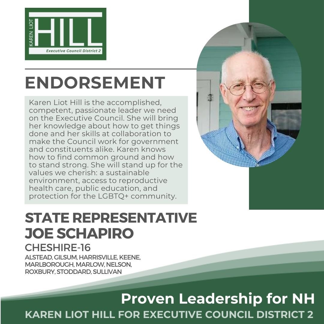 NHkaren's tweet photo. 🌟ENDORSEMENT: Thrilled have the support of Keene Rep Joe Schapiro, a deeply caring, incredibly thoughtful, and highly respected individual. 

“Karen is the accomplished, competent, passionate leader we need on the Executive Council.”

Thank you, Joe!! #nhpolitics #execcouncil https://t.co/cUOEmWmsu8