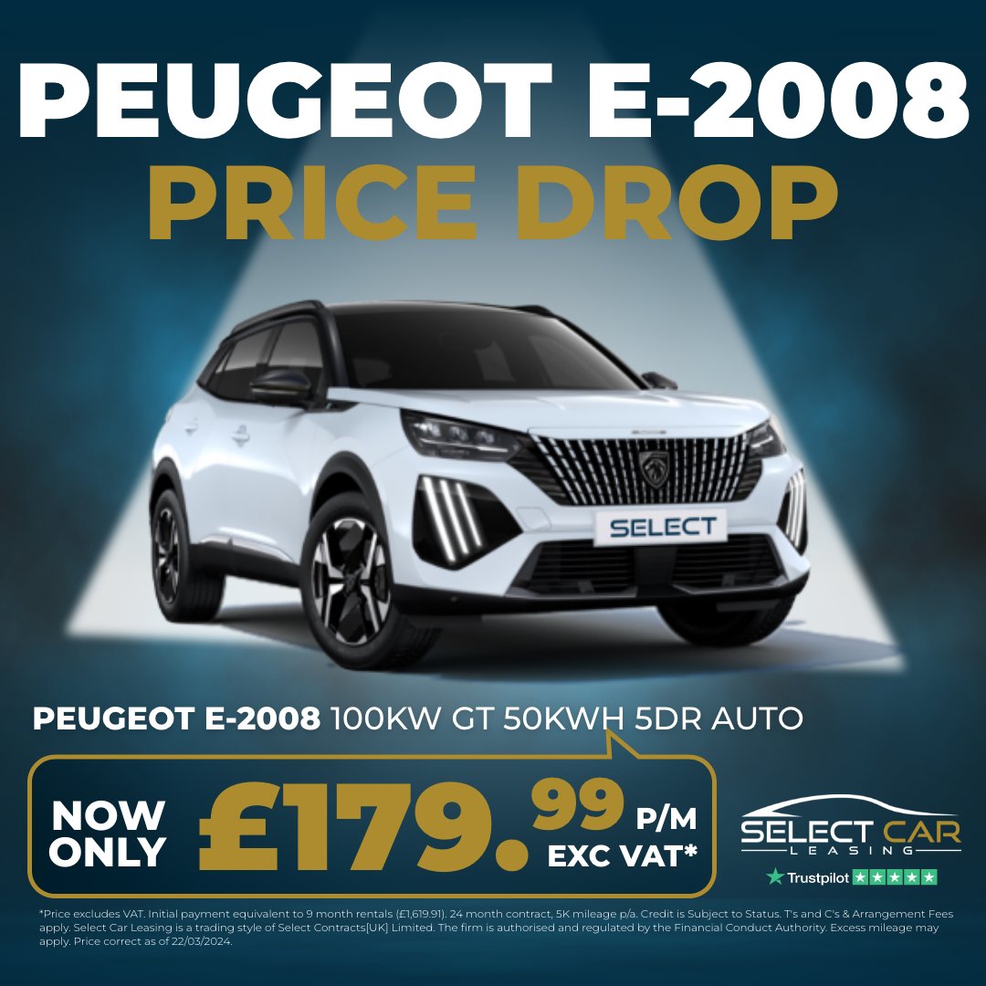 SC_Leasing's tweet photo. Huge price drop on the Peugeot e-2008 SUV!

Now just £179.99 exc VAT per month and is available for an April delivery.

Lease your today while stocks last: https://t.co/shkRHrUmA3 #deal #pricedrop #sale #savings #cheapdeal #cheaplease #ev #cheapev #cheapelectric https://t.co/cZPzn5u7qb