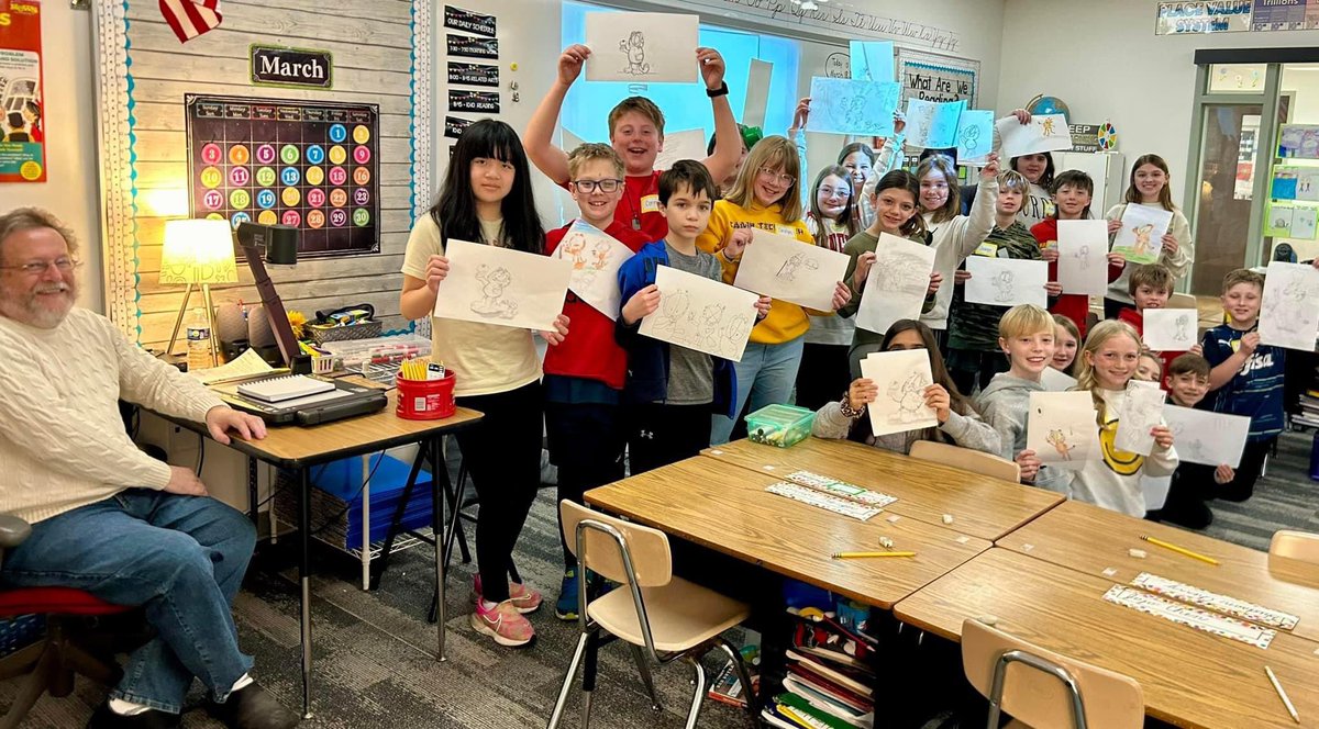 As LRES 4th Grade Artists rounded out their study of Comic Artist, Jim Davis and the comic characters from Garfield with guest artist visit from MR. GLENN ZIMMERMAN!  Mr. Zimmerman is the animator that collaborated with Jim Davis to bring Garfield to life!
