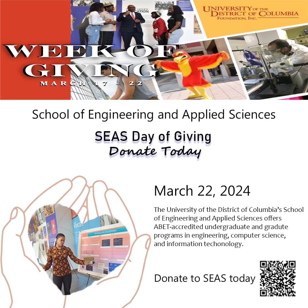 Support UDC during the 2024 Week of Giving! Today we focus on the School of Engineering and Applied Sciences (udcseas). SEAS graduates are prepared for high-demand careers in engineering and computer science. Donate by scanning the QR Code or clicking the bit.ly/2TZVBOp
