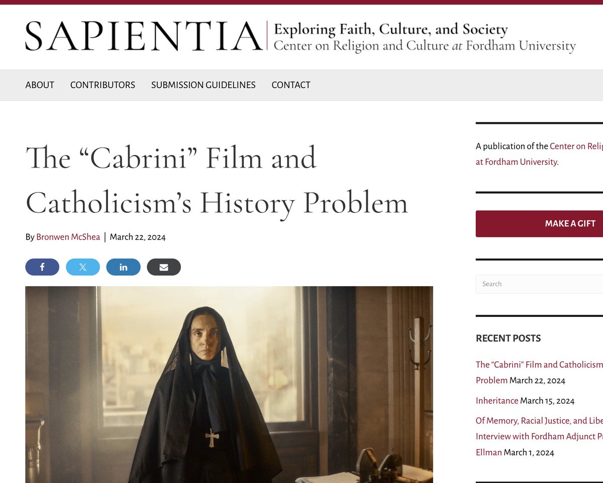 I wrote this up -- as someone who appreciates the new @cabrinifilm2024 but has some criticisms as both an historian and a Catholic, too -- for @CRCfordham's blog SAPIENTIA: crc.blog.fordham.edu/arts-culture/t…