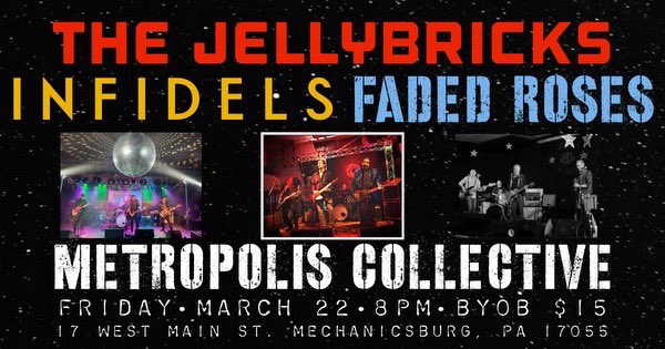 Tonight in Mechanicsburg! LIVE rock show at @TrashArtGallery featuring Faded Roses, Infidels and The Jellybricks! 8pm show! facebook.com/events/1366816… #livemusic