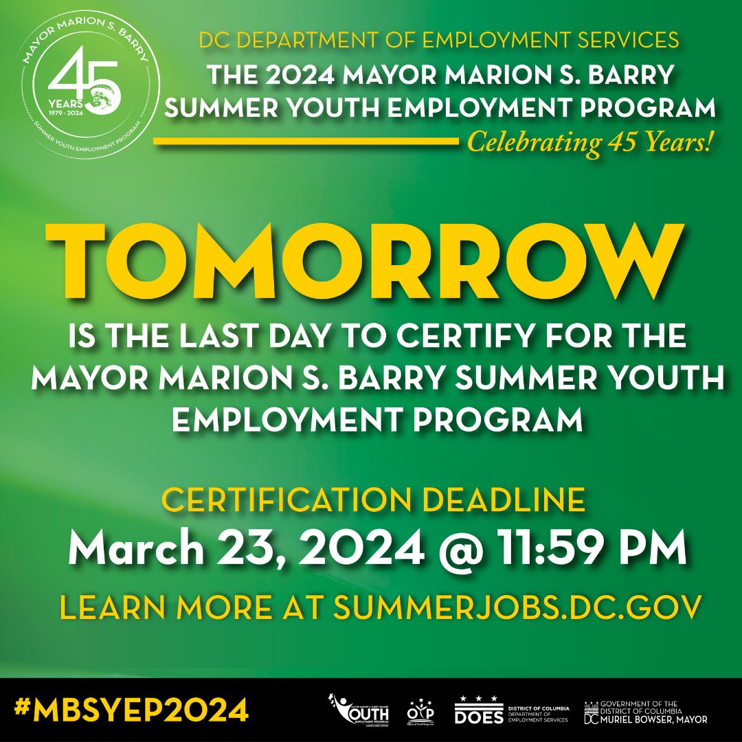 District youth, TOMORROW is the last day to certify for summer youth employment! We will be accepting documents at our March Madness Event. ⏰Virtual Certification Deadline: Saturday, March 23 at 11:59 PM Please submit all certification documents on time!  #MBSYEP2024