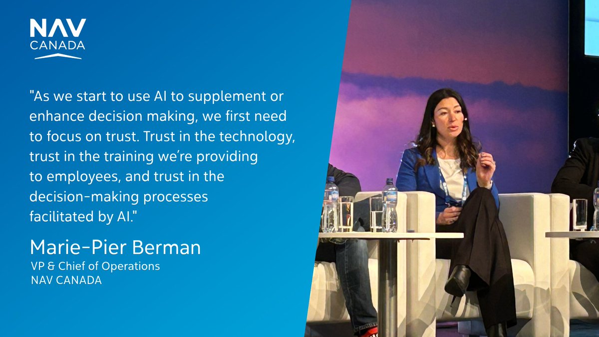 Are air navigation service providers ready to embrace AI? ✈️ @navcanada's VP & Chief of Operations, Marie-Pier Berman, shared her insights about the rapid advancements in technology and how AI could be used to enhance safety, efficiency, and reliability in air traffic management…