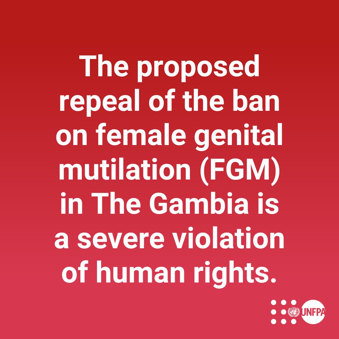 🚨 As the proposed repeal of the law banning female genital mutilation (FGM) in The Gambia intensifies, we are deeply concerned by the potential reversal of the rights of women. #StandUp4HumanRights and see the @UNFPA and @UNICEF statement: unf.pa/3Tw2MOo #EndFGM