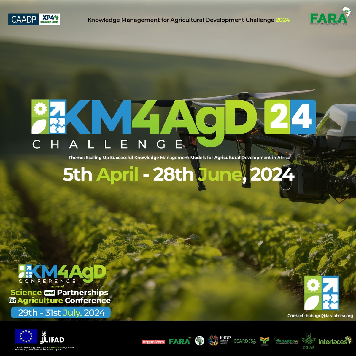 The Knowledge Management for Agricultural Development #KM4AgD Challenge 2024 kicks off April 5th The challenge aims at scaling up Knowledge Management Models for Agricultural Development in Africa. Further details on #KM4AgD Challenge & Kick-off Meeting to be announced #SPAC2024