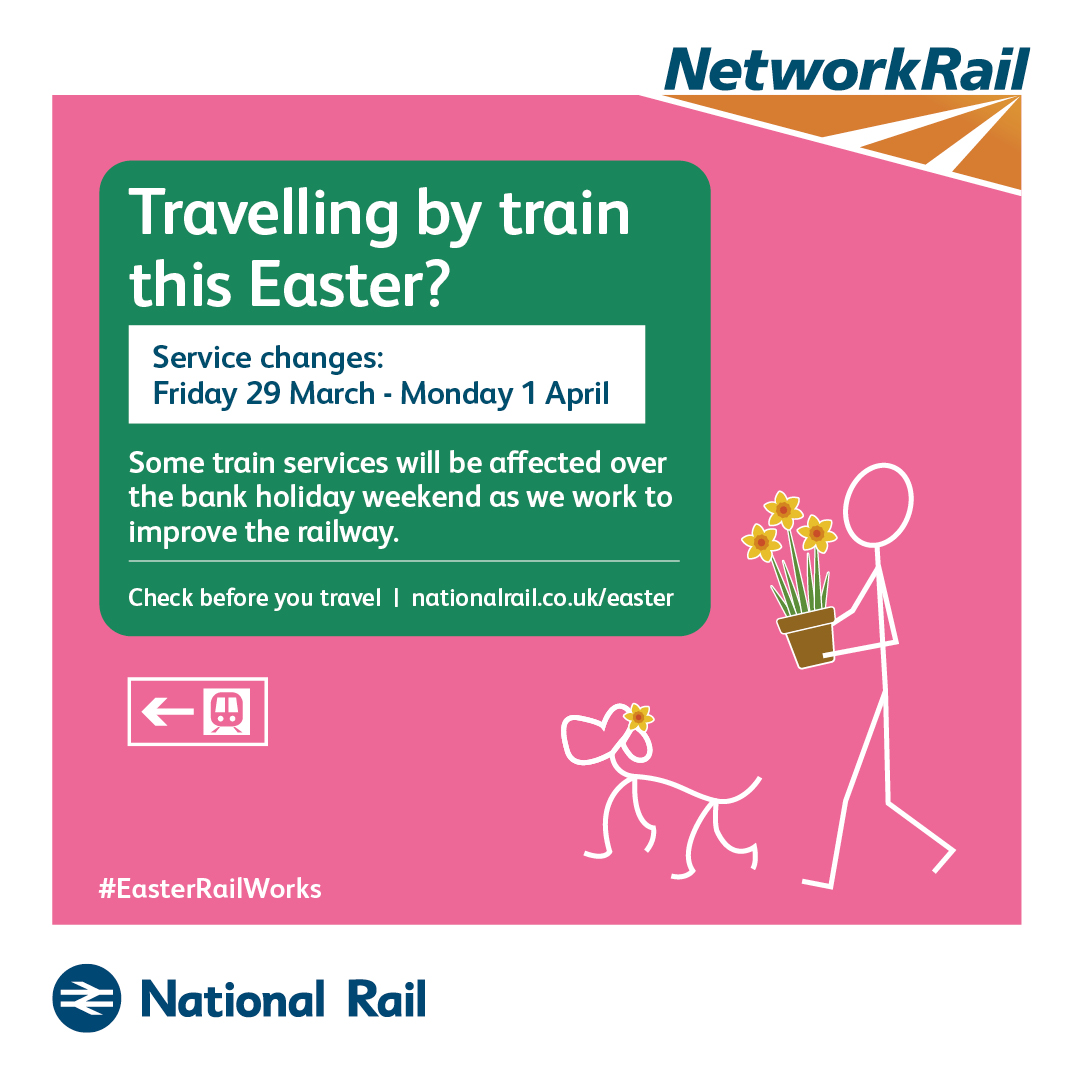 Don't forget to check your Easter journey plans with @nationalrailenq or your train provider before travelling as some routes may be affected by engineering work across the network. #EasterRailWorks @greateranglia @GNRailUK @c2c_Rail @TfL @CrossCountryUK @EastMidRailway