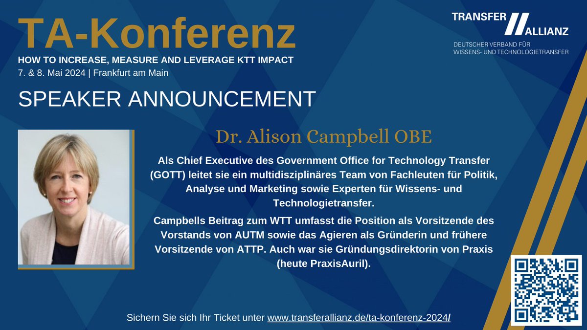 TransferAllianz e.V. (@tallianzev) on Twitter photo Lernen Sie von Dr. <a href="/alisonfcampbell/">Alison Campbell</a> OBE PhD vom <a href="/SciTechgovuk/">Department for Science, Innovation and Technology</a> bei der #TAKonferenz 2024
Seien Sie am 07. und 08. Mai in #Frankfurt dabei
Sichern Sie sich Ihr Ticket unter transferallianz.de/ta-konferenz-2…
#Transfer #Wissenstransfer #Techtransfer #Technologietransfer #WTT #TransferAllainz Lernen Sie von Dr. <a href="/alisonfcampbell/">Alison Campbell</a> OBE PhD vom <a href="/SciTechgovuk/">Department for Science, Innovation and Technology</a> bei der #TAKonferenz 2024
Seien Sie am 07. und 08. Mai in #Frankfurt dabei
Sichern Sie sich Ihr Ticket unter transferallianz.de/ta-konferenz-2…
#Transfer #Wissenstransfer #Techtransfer #Technologietransfer #WTT #TransferAllainz