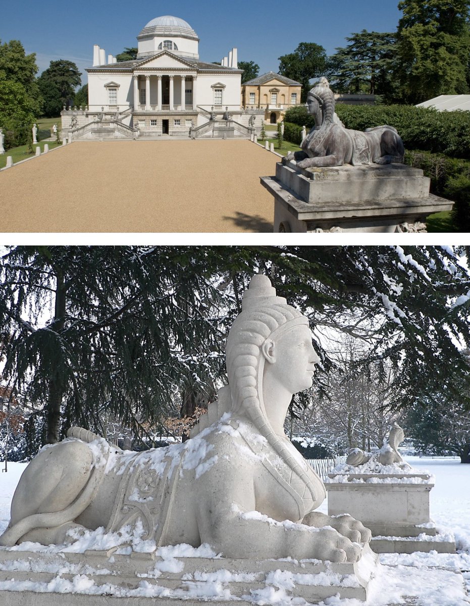 whitegoldsword's tweet photo. The evolution of the Chiswick #Sphinx. The sphinx today at Chiswick were copied from a 1st century #RomanSphinx (photo 1) which had been brought back to England by none other than Thomas Howard, 21st Earl of Arundel, the patron of #InigoJones. The sphinx was copied and given a partner by the Italian sculptor #GiovanniBattistaGuelfi (who had been working on the #PomfretMarbles) who then gave the design (slightly embellished) to #RichardBoyle, 3rd Earl of Burlington. Stone sphinx were carved by Guelfi with lead sphinxes of this design produced by #JohnCheere to symbolically guard the front and rear of the villa (temple- photo 2). Lord Burlington or #WilliamKent then gave the design to #CharlesLennox, 2nd Duke of Richmond at Goodwood House at Carne’s Seat (photo 3) and to John and Catherine Parker at Saltram House (photo 4).
The original sphinx (plus its Guelfi companion) on which the Chiswick sphinx are based, are today at the Ashmolean with other examples from the Arundel sculptures and marbles.
The Roman sphinx also appeared on an Oxford Almanack of 1757 showing several of the Arundel Marbles including the Roman sphinx and on the frontispiece of #WilliamHogarth’s ‘Analysis of Beauty’.
@Goodwood_Estate @SaltramHouseNT @Chiswick_House #Egyptomania #sphinx #EgyptinLondon @AshmoleanMuseum