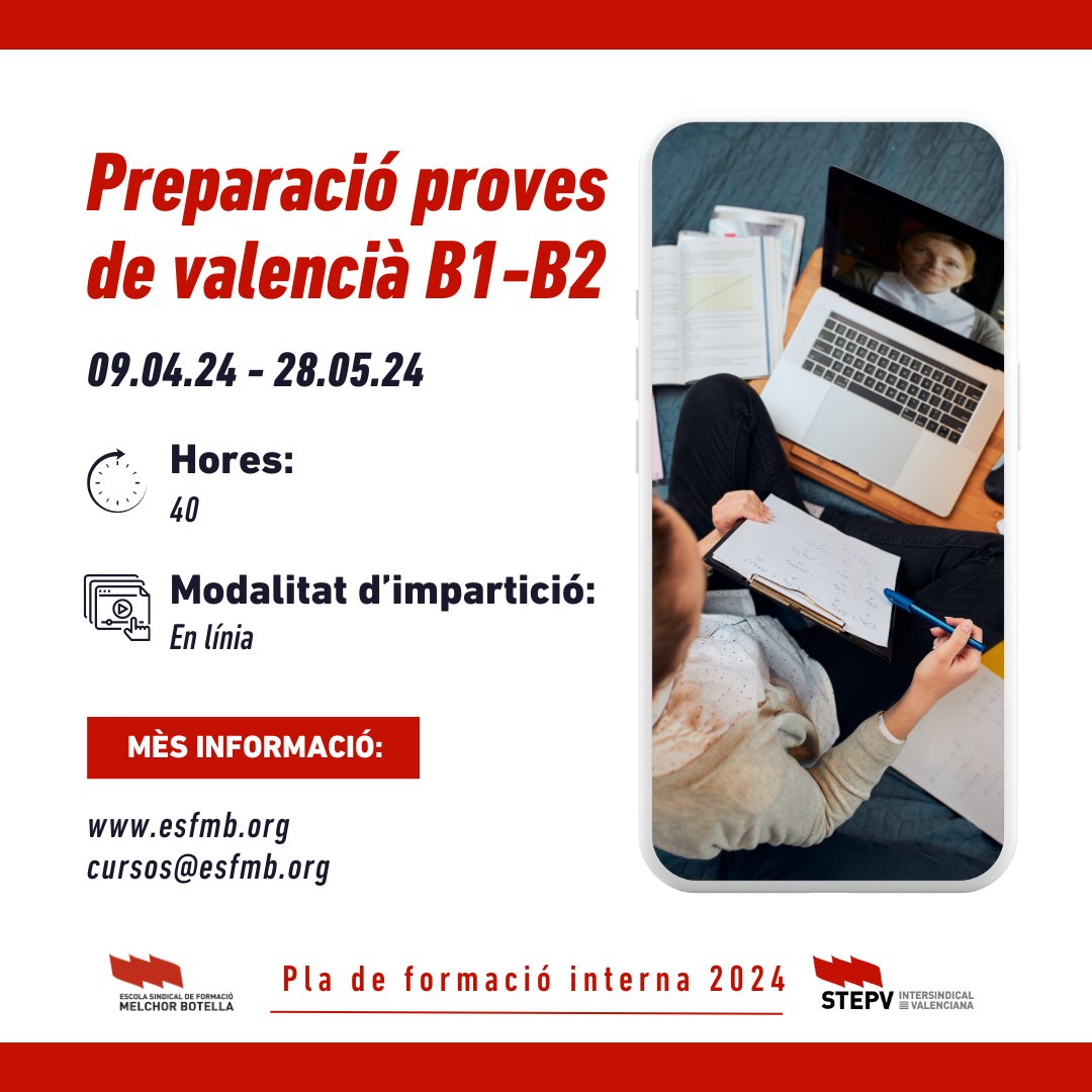 ESFMB's tweet image. El nostre curs de preparació per a les #proves de #valencià B1-B2, t'ajudarà a adquirir les habilitats lingüístiques per a superar l'examen amb èxit. Inscriu-te ja, i prepara't per a millorar les teues perspectives laborals i acadèmiques! rb.gy/vwnus0
@IntersindicalV