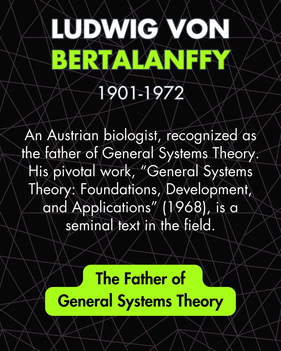 mikekalilmfg's tweet image. Ludwig von Bertalanffy: An Austrian biologist, recognized as the father of General #SystemsTheory. His pivotal work, “General Systems Theory: Foundations, Development, and Applications” (1968), is a seminal text in the field.