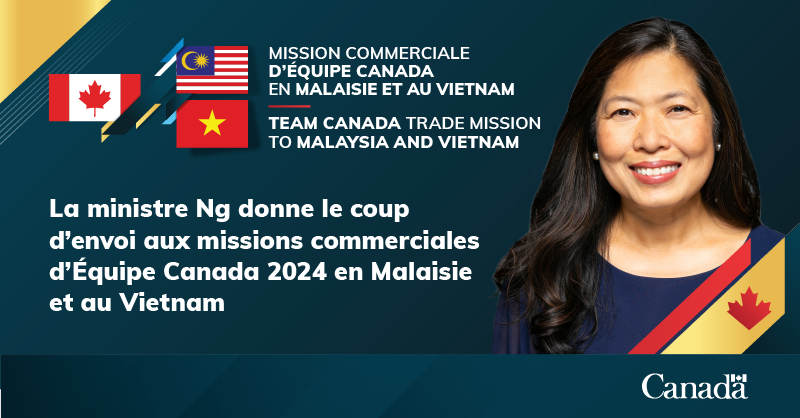 Dans 2 jours, la ministre Ng lancera les missions commerciales d’#ÉquipeCanada de 2024! 

Elle se joindra à des représentants d’entreprises & d’organisations canadiennes pour explorer tout ce que la Malaisie & le Vietnam ont à offrir.

Pour en savoir plus: canada.ca/fr/affaires-mo…