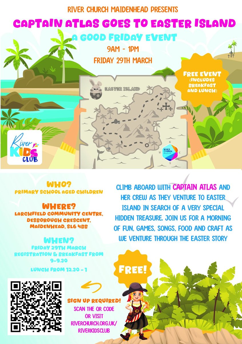 RBWMCommunities's tweet photo. 🏴‍☠️ Don't miss this fun, FREE event for children on Friday 29th March at Larchfield Community Centre, run by River Church Maidenhead
🍴 Includes FREE breakfast &amp; lunch
👇 Registration required. See below https://t.co/Ki15NXKuDC