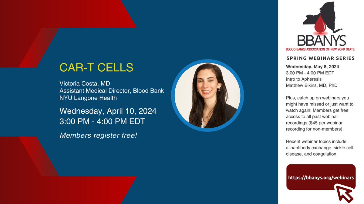 Join us for the next session of the 2024 BBANYS Spring Webinar Series on Wednesday, April 10 at 3pm EDT. Dr. Victoria Costa of NYU Langone Health will present "CAR-T Cells".

Register (free for members): bbanys.org/event-5577733