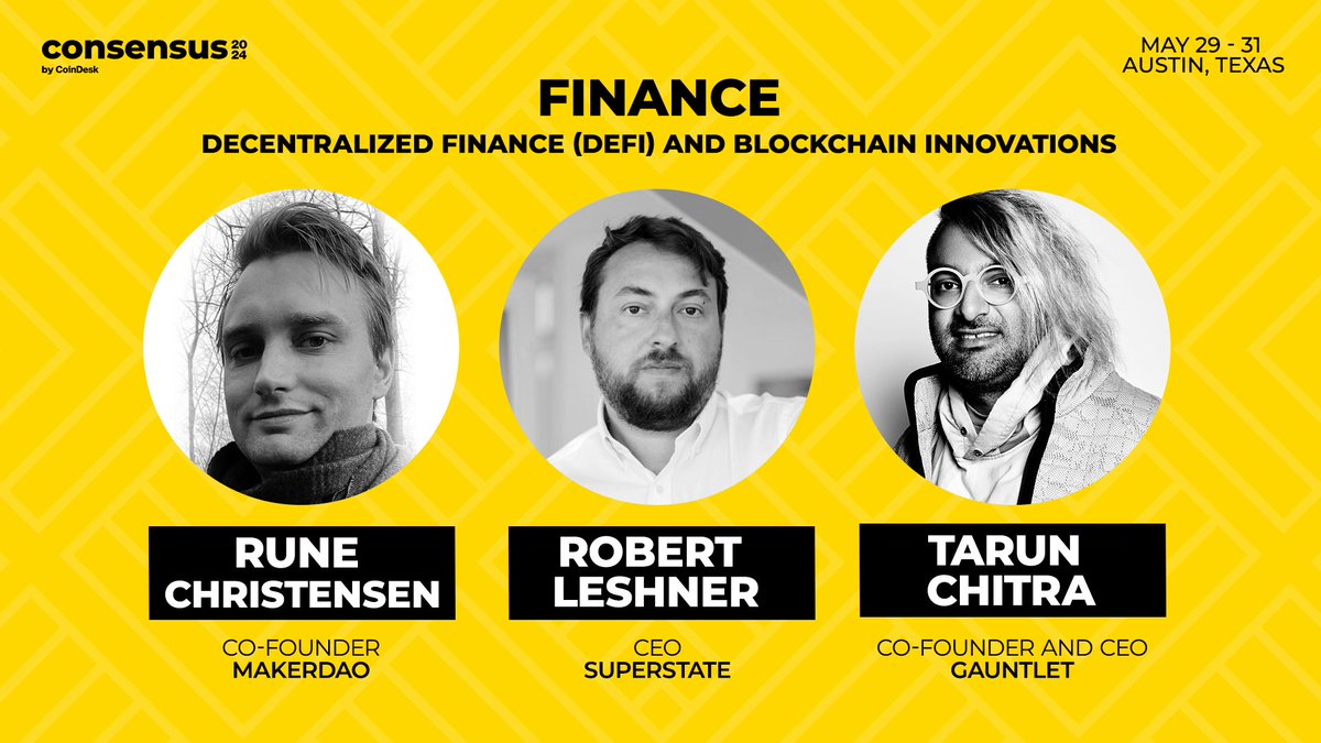 How are visionaries like @MakerDAO’s @RuneKek, @superstatefunds @rleshner and @gauntlet_xyz @tarunchitra reshaping finance with blockchain innovation? Join at #Consensus2024 to explore how DeFi challenges traditional paradigms. Register today 🔗 consensus2024.coindesk.com/register/?term…