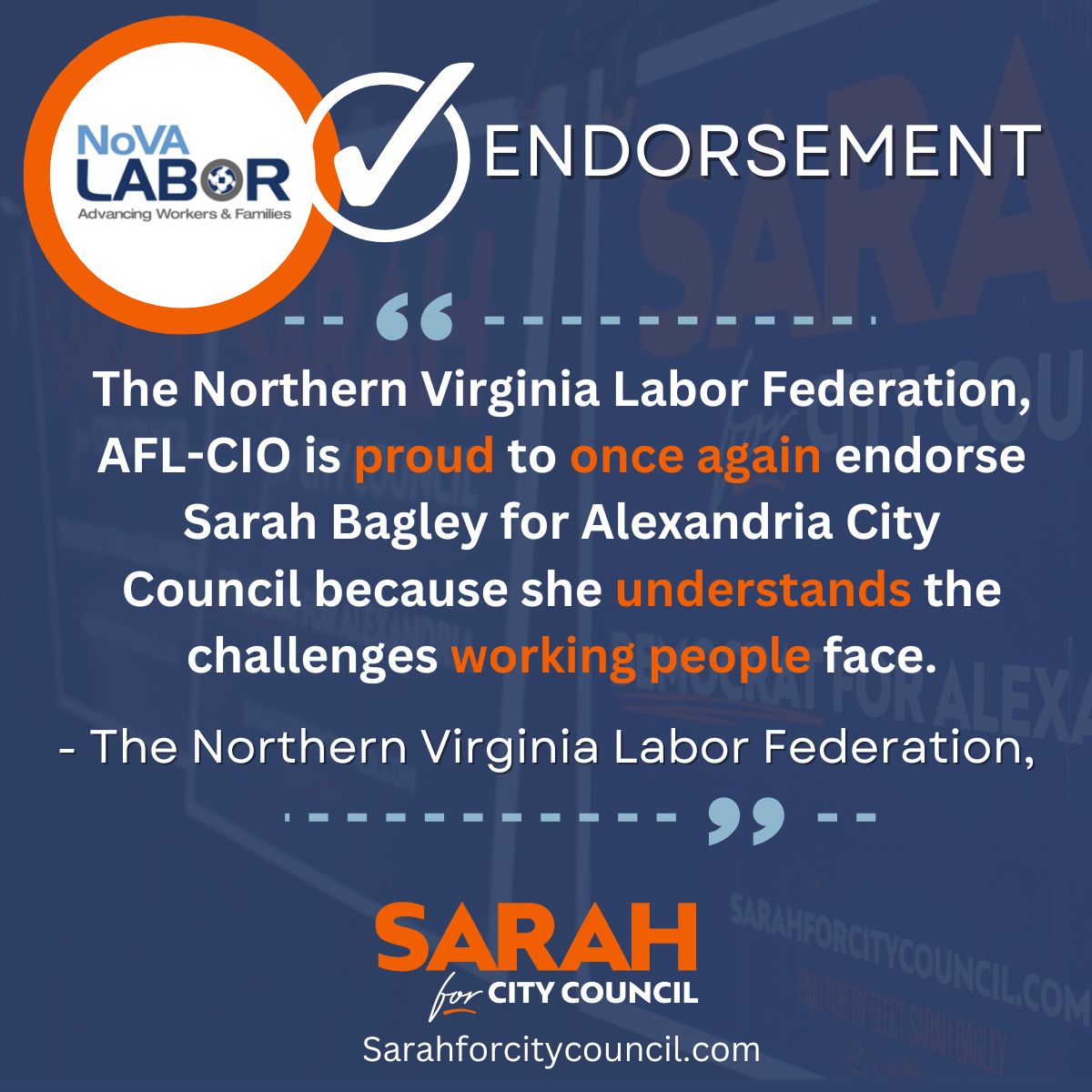 SarahforALX's tweet photo. The @Virginia_AFLCIO represents thousands of workers across Alexandria in every industry from manufacturing to hospitality and I am thrilled to share that I have once again received their endorsement! #SarahForALX https://t.co/X8bVtk4Z2q